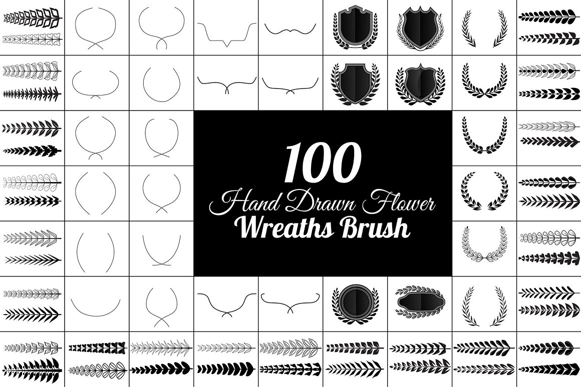 100 Hand Drawn Wreaths Brush Bundle